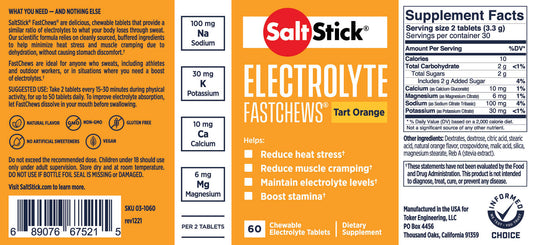 SaltStick Electrolyte Fastchews (Tart Orange) - Bottle 60 Chewable Tablets