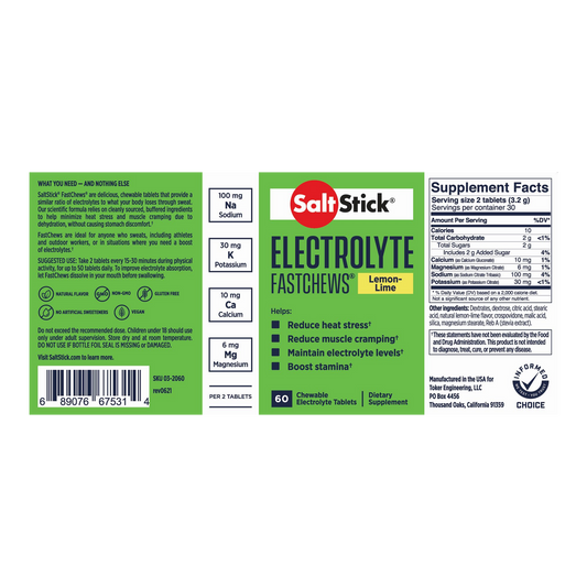 SaltStick Electrolyte Fastchews (Lemon Lime) - Bottle 60 Chewable Tablets