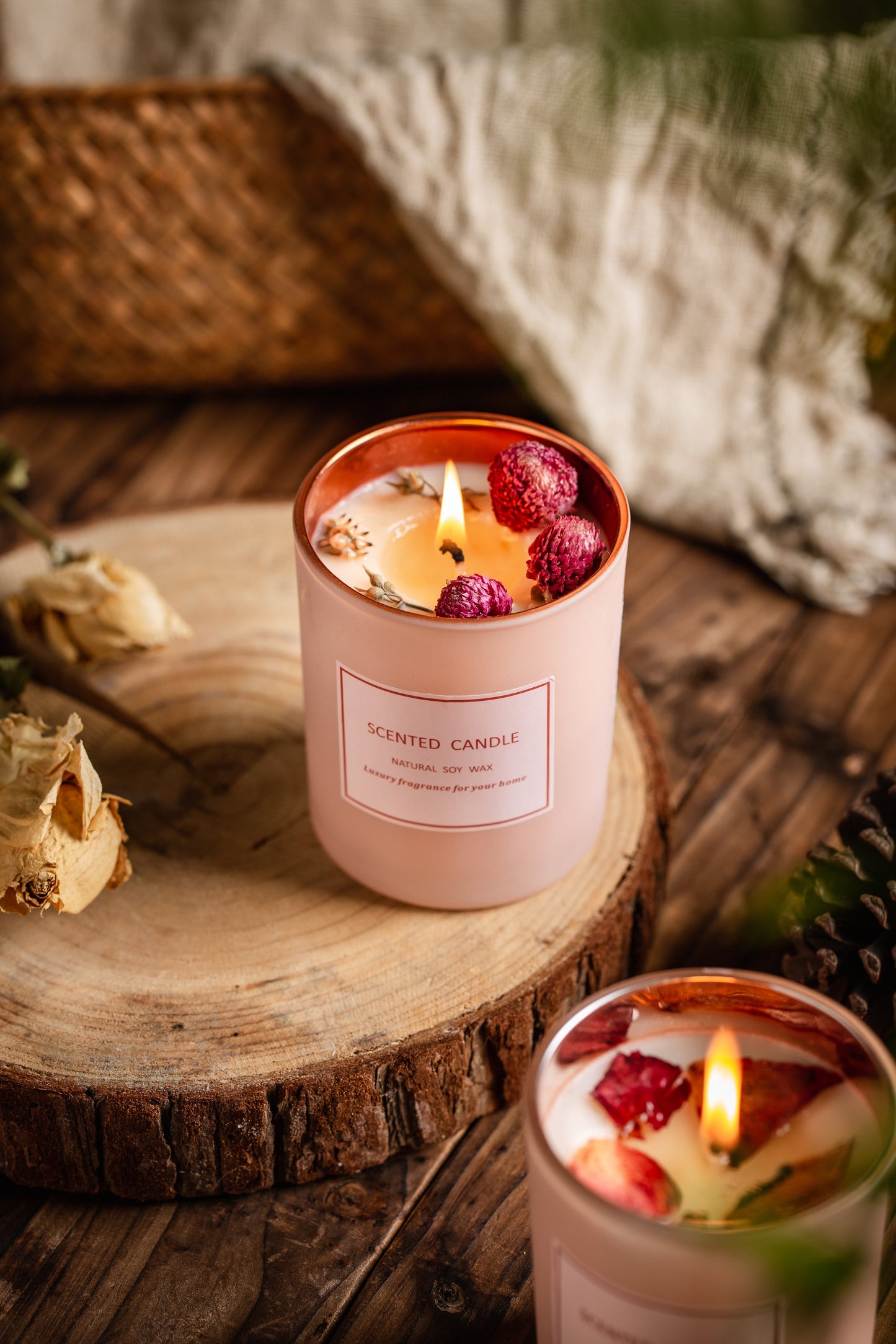 Rose SCENTED CANDLE Natural Soy Wax | Dried Flower Candle w/ Gift Box