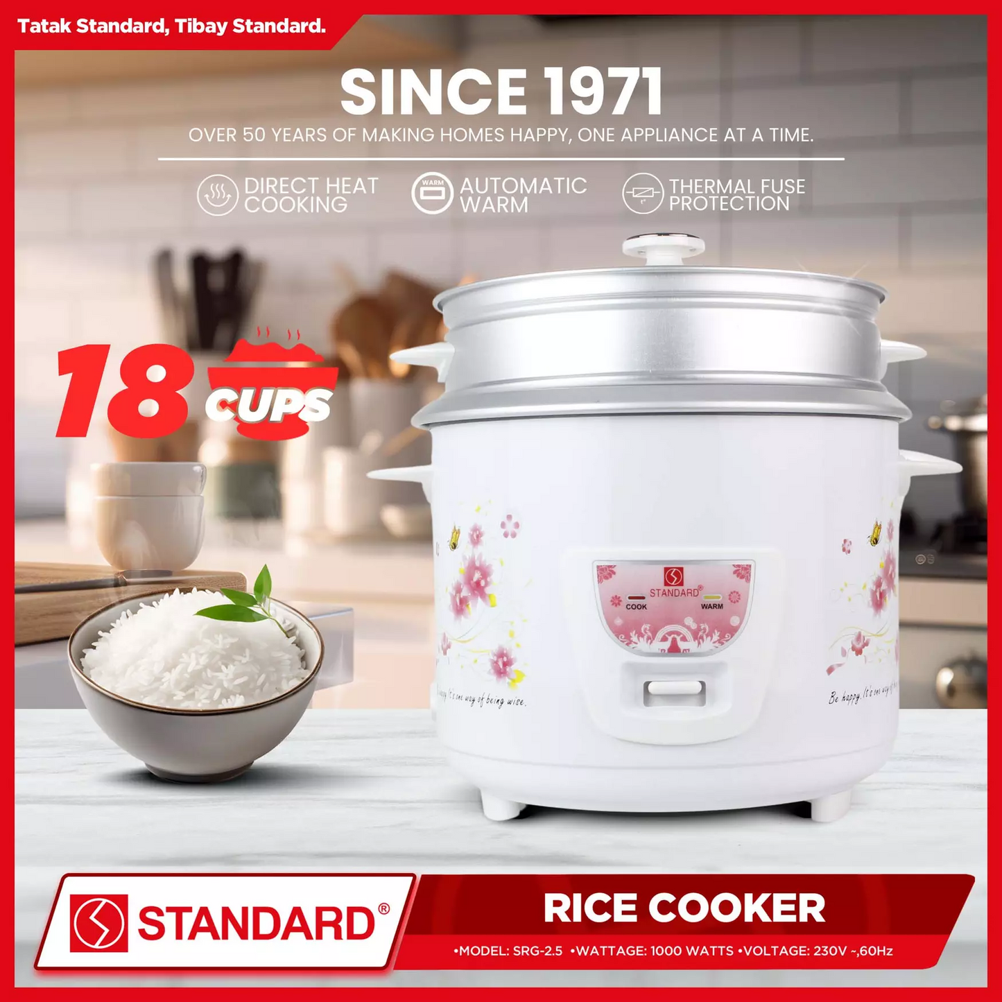 STANDARD Rice Cooker - 2.5 Liters with Steamer - SRG-2.5