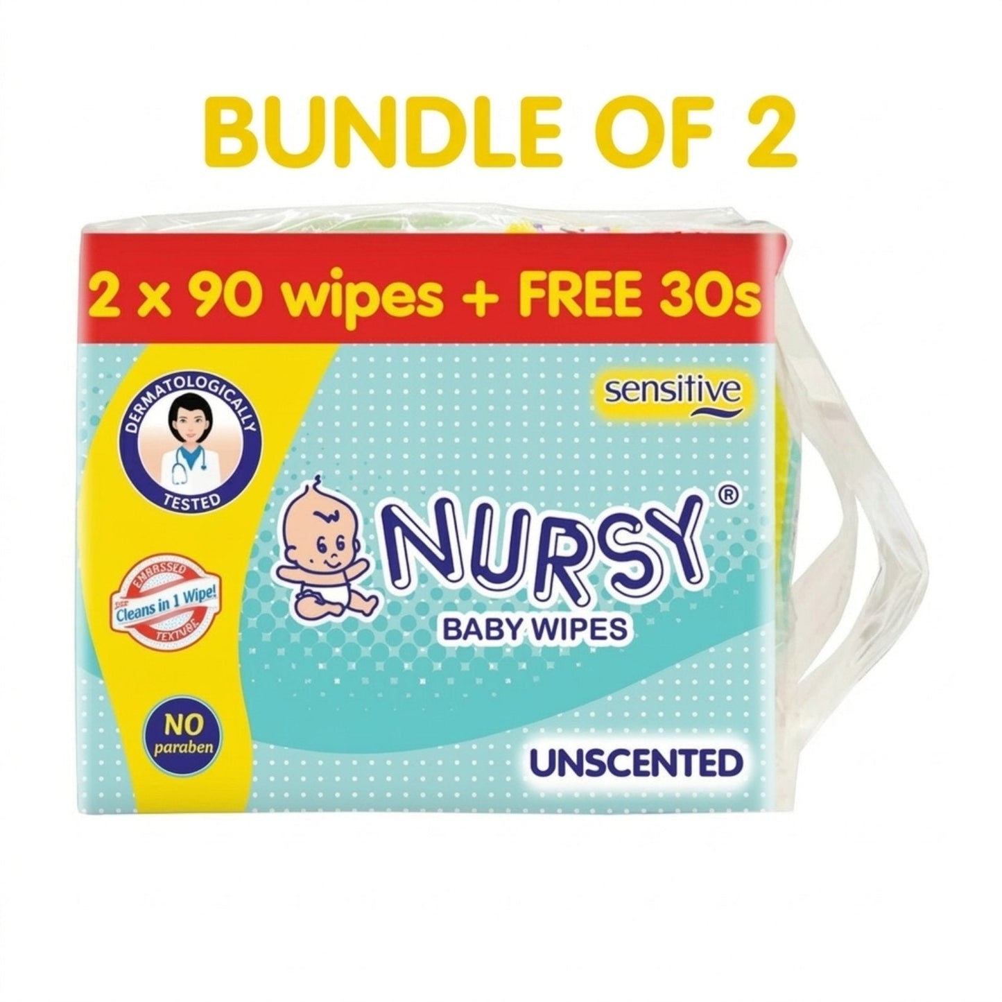 Nursy Baby Wipes Unscented 90s x 2 + 1 Free 30 wipes [ BUNDLE OF 2 or 8 ]