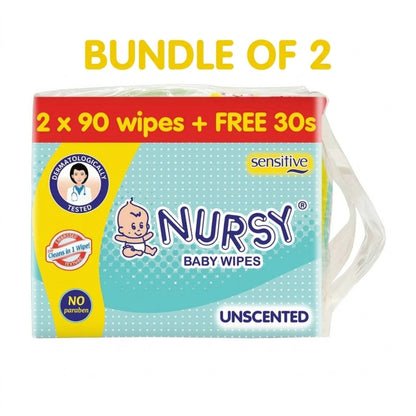 Nursy Baby Wipes Unscented 90s x 2 + 1 Free 30 wipes [ BUNDLE OF 2 or 8 ]