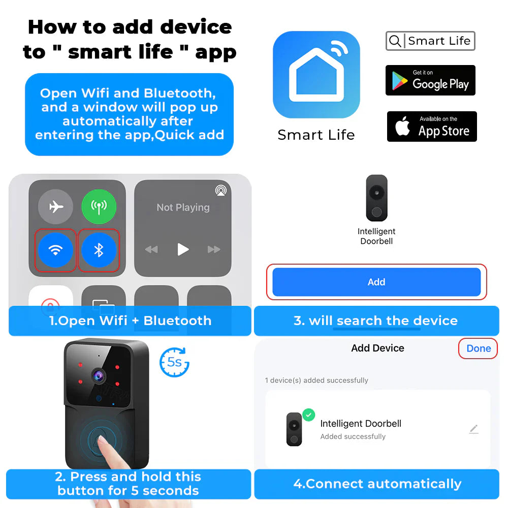 SMATRUL TUYA Wireless Intelligent  High-Definition Camera Wi-Fi Doorbell  (Outdoor) - Black 1/2