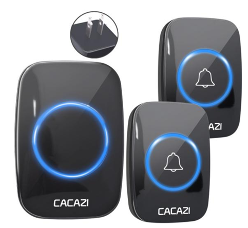 CACAZI Waterproof Wireless Doorbell [2 BUTTONS - 1 RECEIVER] - Black