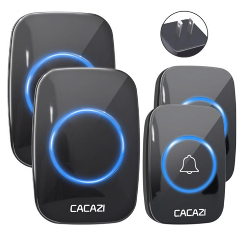 CACAZI Waterproof Wireless Doorbell [2 BUTTONS - 2 RECEIVERS] -Black
