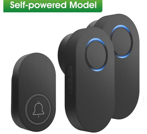 SMATRUL Self-Powered Wireless Model Doorbell [1 BUTTON - 2 RECEIVERS] - Black