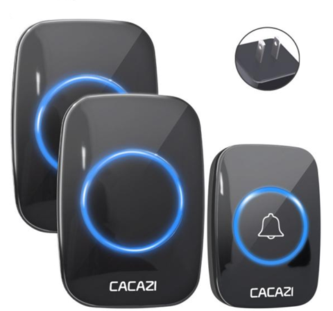 CACAZI Waterproof Wireless Doorbell [1 BUTTON - 2 RECEIVERS] - Black