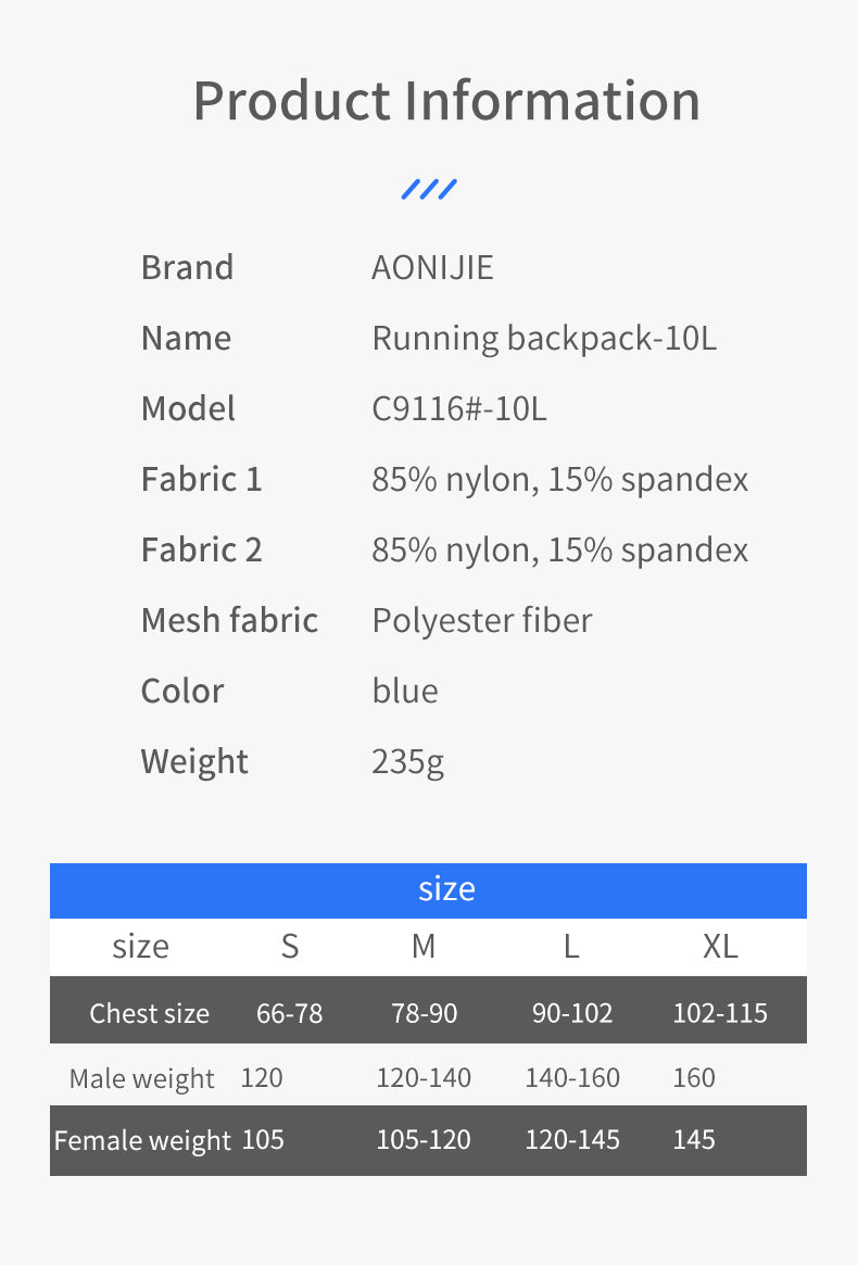 AONIJIE C9116 Breathable Hydration Running Vest Backpack 10L - BLUE (LARGE)