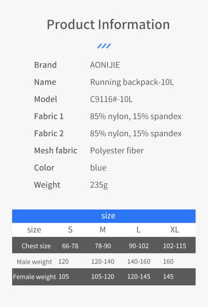 AONIJIE C9116 Breathable Hydration Running Vest Backpack 10L - BLUE (LARGE)
