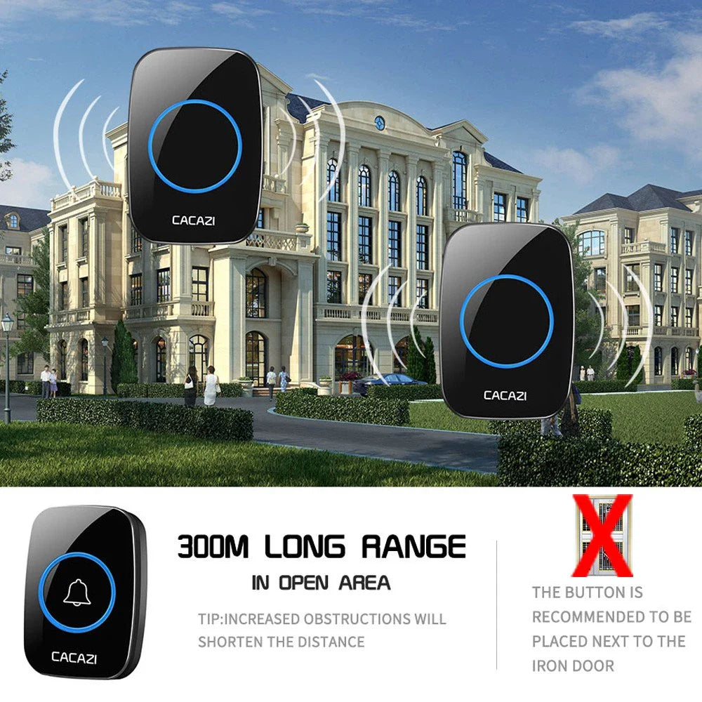 CACAZI Waterproof Wireless Doorbell [1 BUTTON - 2 RECEIVERS] - Black