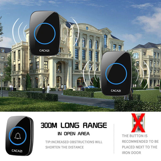 CACAZI Waterproof Wireless Doorbell [1 BUTTON - 2 RECEIVERS] - Black