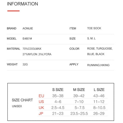 AONIJIE E4802 Cool Max Toe Socks [3 pairs] - MEDIUM