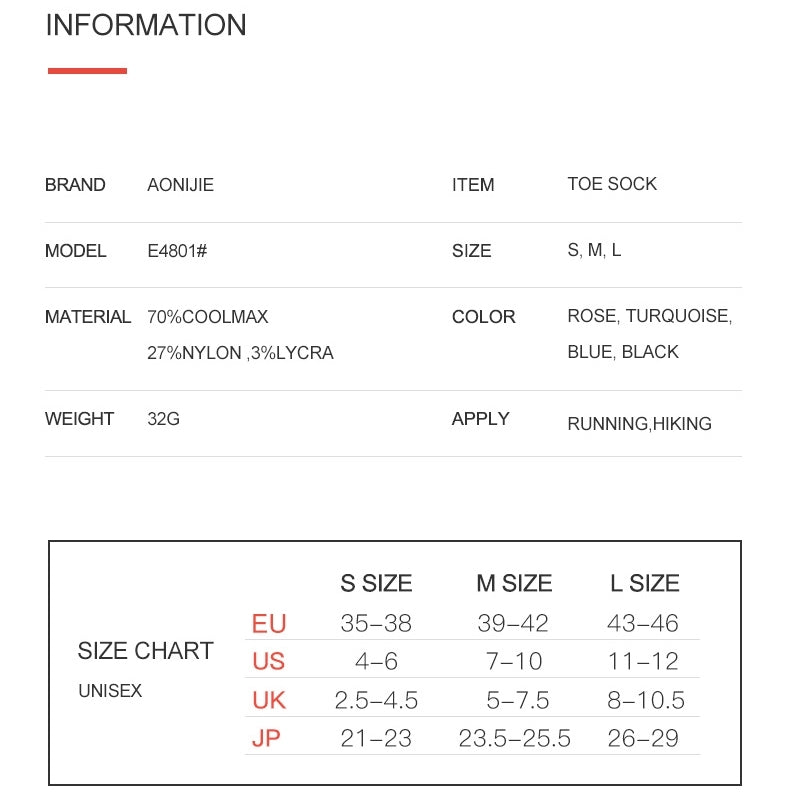 AONIJIE LOW CUT Cool Max Toe Socks [3 pairs] - MEDIUM