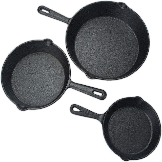 Happiness CAST IRON SET - 3 pans with 2 glass lids - Pre Seasoned