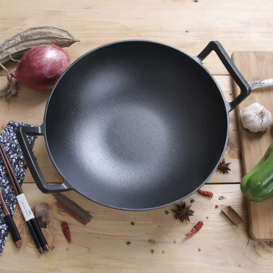 Happiness CAST IRON WOK 36cm x 10cm - Pre Seasoned Wok with Glass Lid