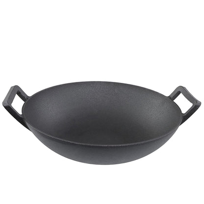 Happiness CAST IRON WOK 36cm x 10cm - Pre Seasoned Wok with Glass Lid