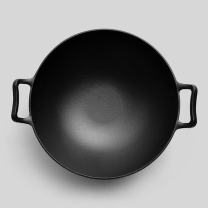 Happiness CAST IRON WOK 36cm x 10cm - Pre Seasoned Wok with Glass Lid