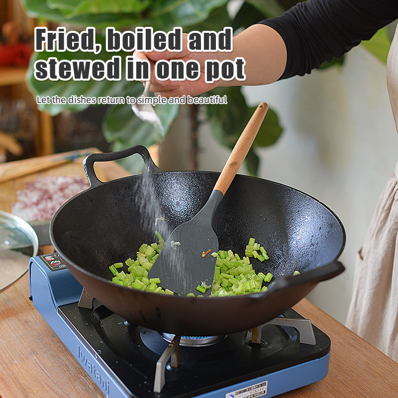 Happiness CAST IRON WOK 36cm x 10cm - Pre Seasoned Wok with Glass Lid