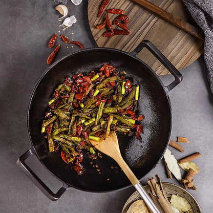 Happiness CAST IRON WOK 36cm x 10cm - Pre Seasoned Wok with Glass Lid