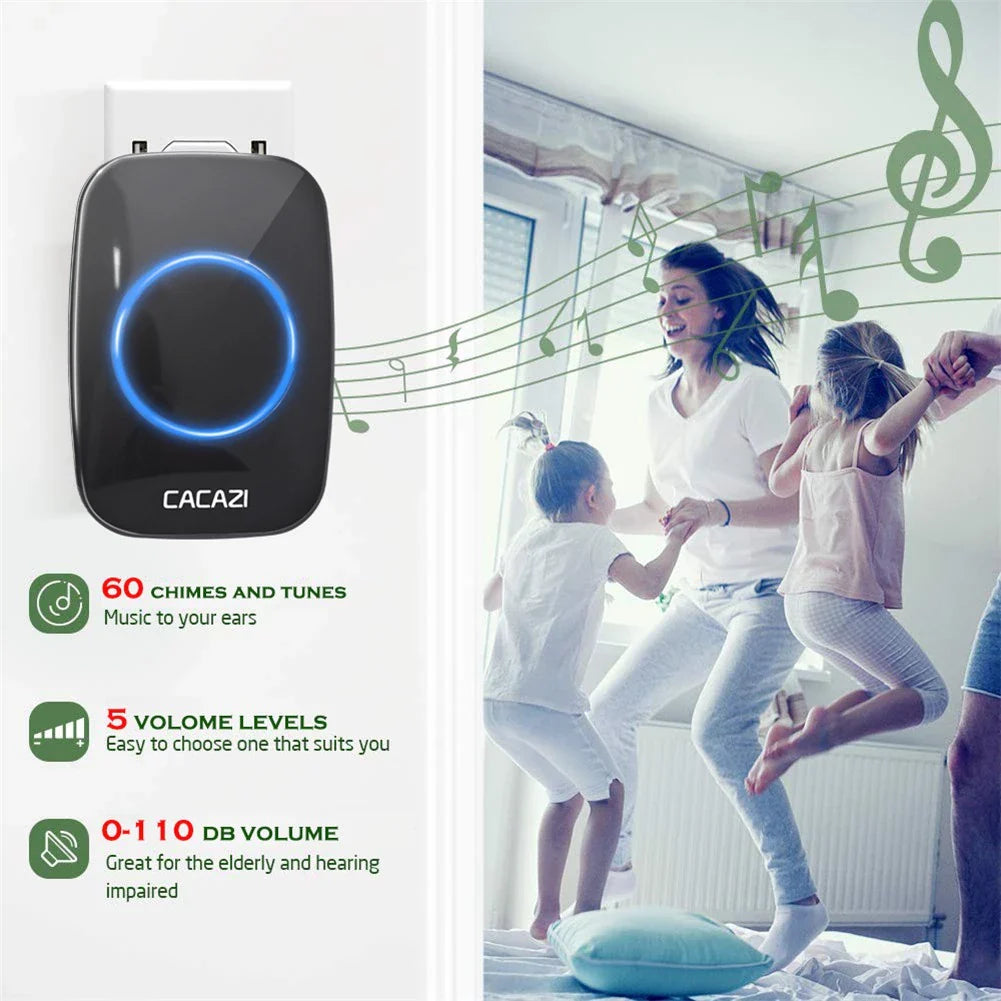 CACAZI Waterproof Wireless Doorbell [2 BUTTONS - 2 RECEIVERS] -Black