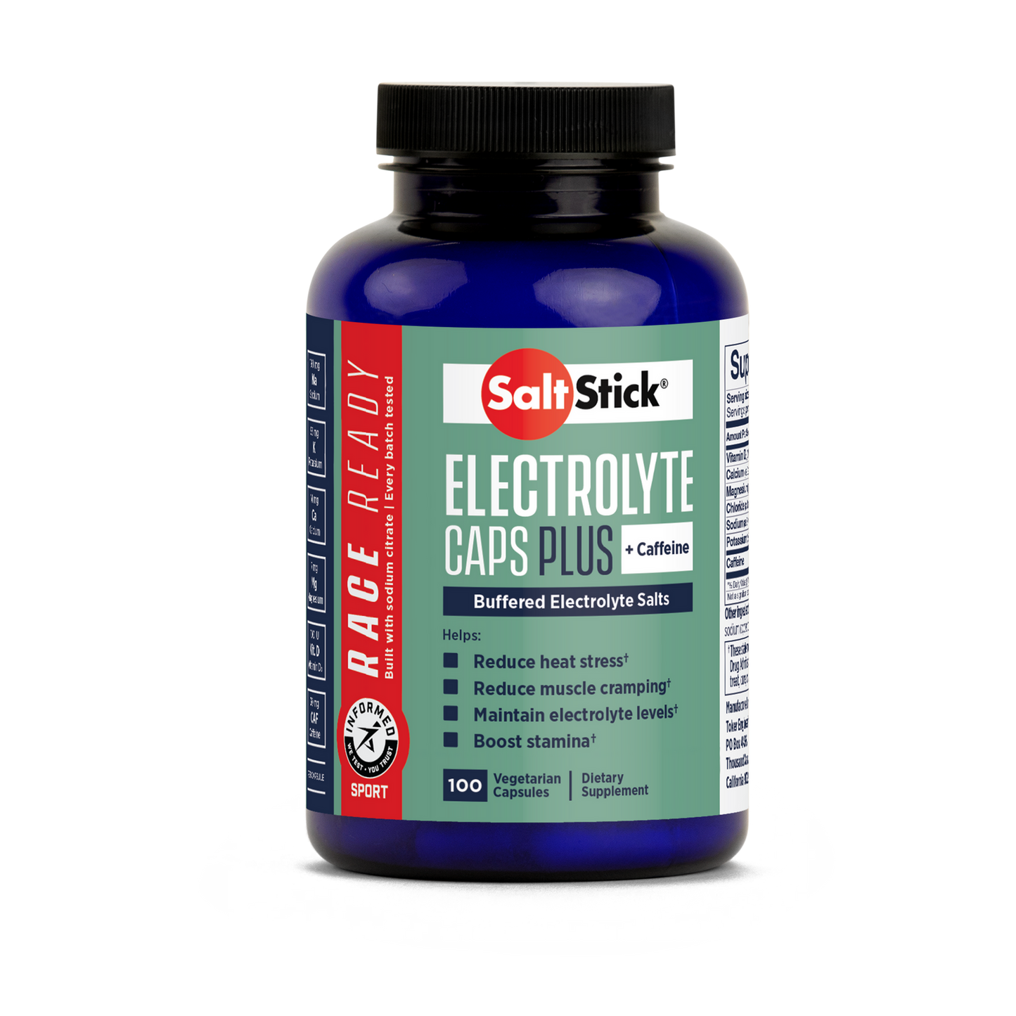 SaltStick Race Ready Electrolyte Caps Plus + Caffeine - Bottle 100ct - buffered electrolyte salts