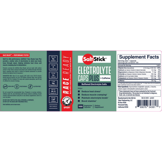 SaltStick Race Ready Electrolyte Caps Plus + Caffeine - Bottle 100ct - buffered electrolyte salts