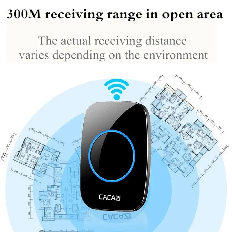 CACAZI Waterproof Wireless Doorbell [2 BUTTONS - 2 RECEIVERS] -Black
