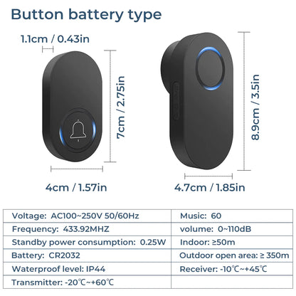 SMATRUL Wireless Doorbell BATTERY MODEL [1 BUTTON - 1 RECEIVER] - Black