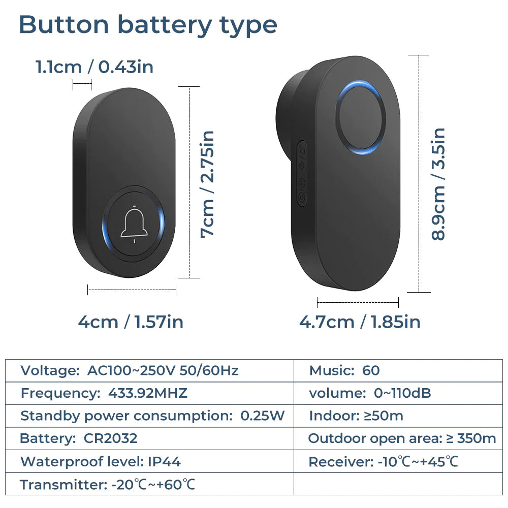 SMATRUL Self-Powered Wireless Model Doorbell [1 BUTTON - 2 RECEIVERS] - Black
