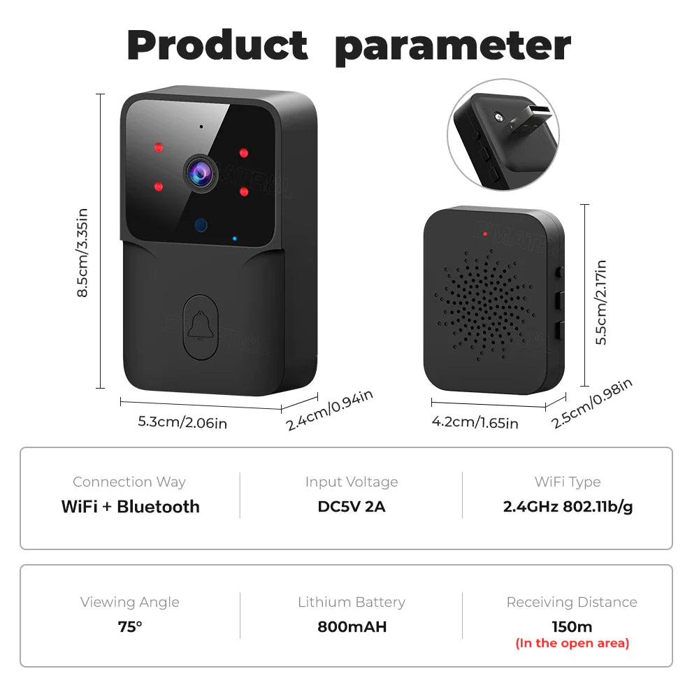 SMATRUL TUYA Wireless Intelligent  High-Definition Camera Wi-Fi Doorbell  (Outdoor) - Black1 / 1