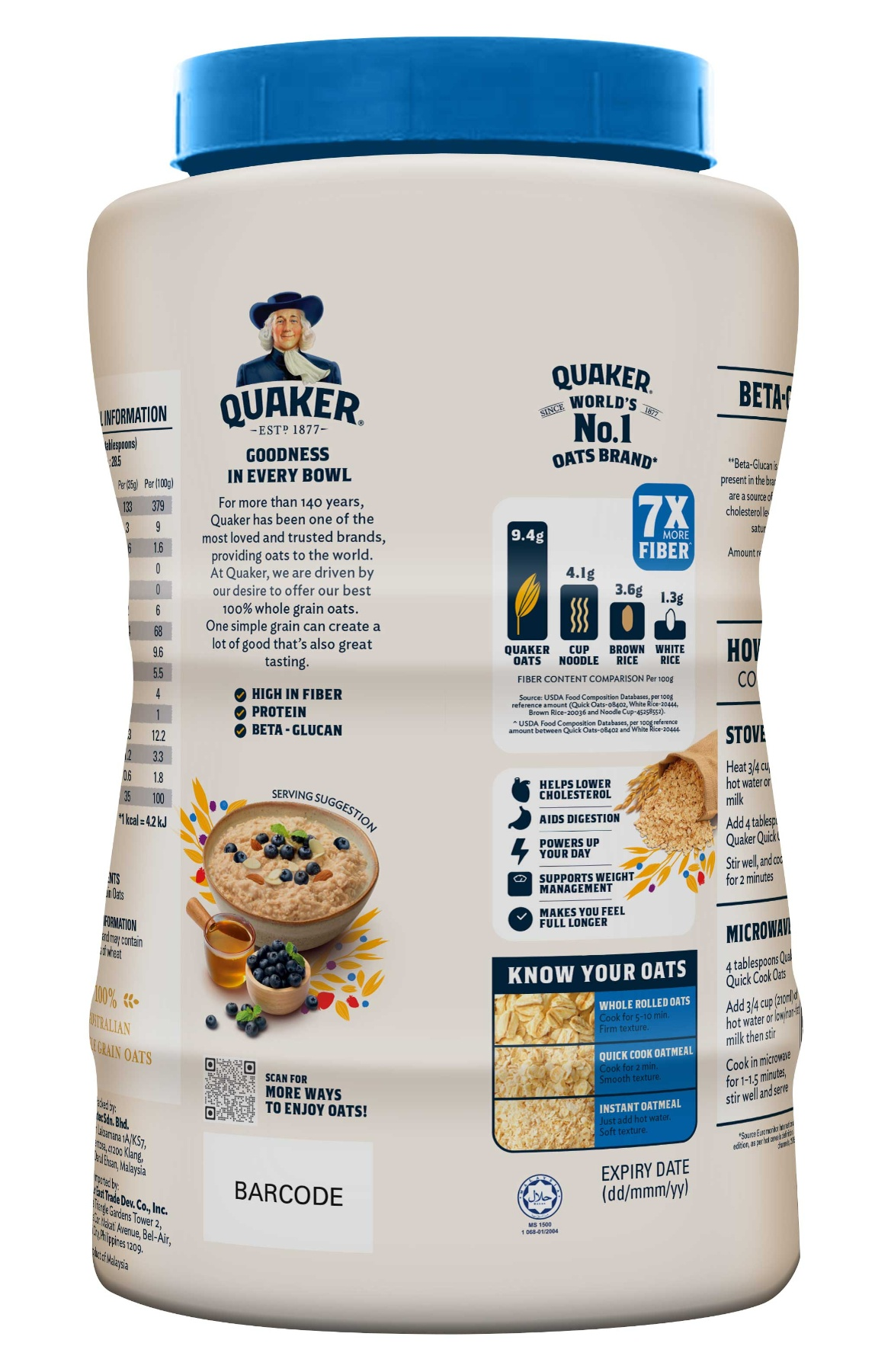 Quaker Quick Cook Oatmeal 1kg Jar