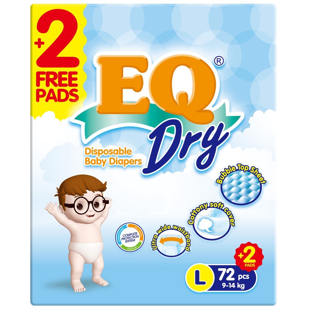 EQ Dry Disposable Baby Diapers [ MEGA PACK 72 PCS ] 9-14 kg - LARGE