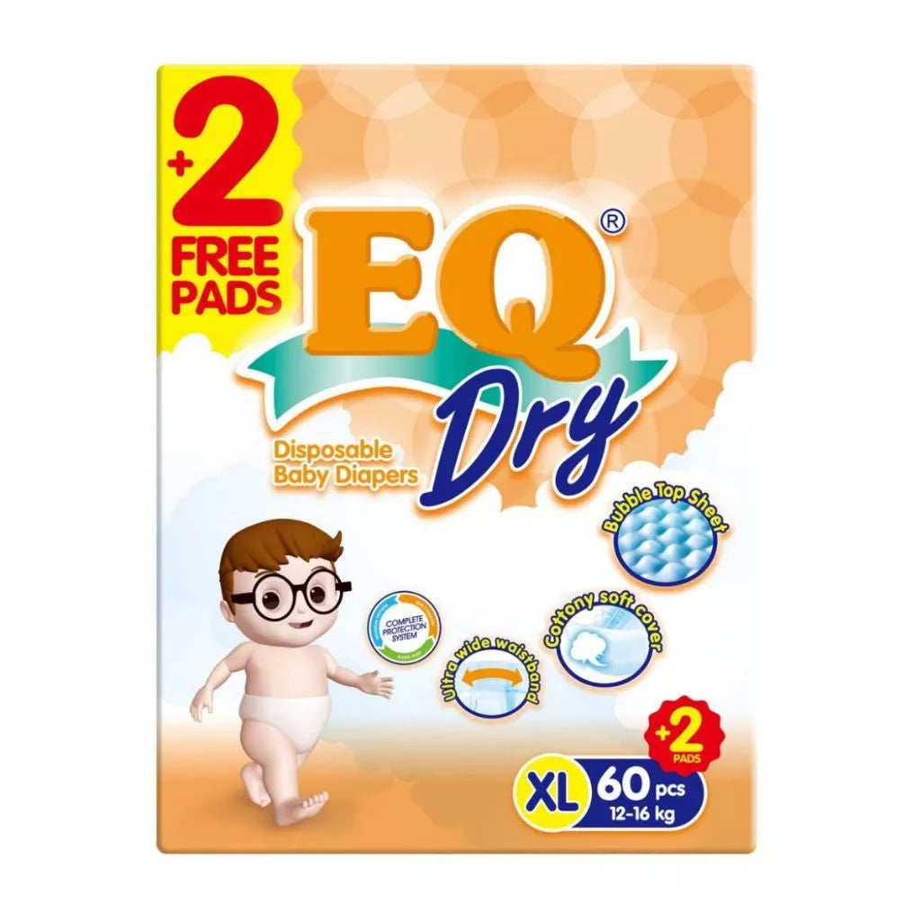 EQ Dry Disposable Baby Diapers [ MEGA PACK 60 PCS Refastenable Tape ] - XLARGE