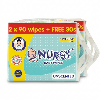 Nursy Baby Wipes Unscented 90s x 2 + 1 Free 30 wipes [ BUNDLE OF 2 or 8 ]