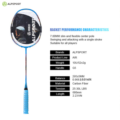ALP SPORT 1pc AIR - ALP AIR Carbon Fiber Badminton Racket 10U G5 Superlight 52g 28-35lbs