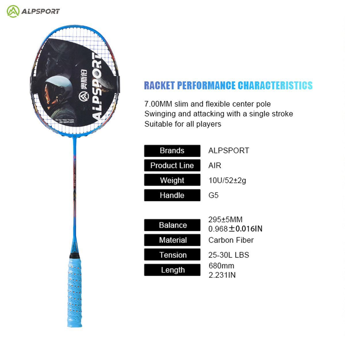 ALPSPORT AIR - ALP AIR Badminton Racket 10U G5 Superlight 52g 28-35lbs [Carbon Fiber] - 1PC