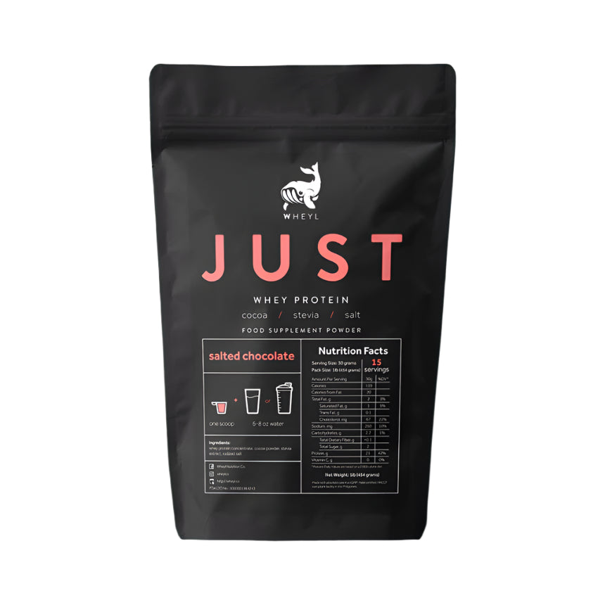 JUST Whey Protein (by wheyl nutrition) Salted Chocolate (454g) ziplock pack w/ free scooper