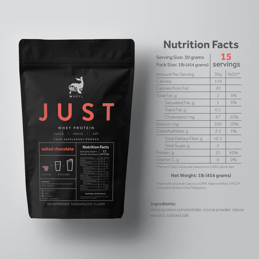 JUST Whey Protein (by wheyl nutrition) Salted Chocolate (454g) ziplock pack w/ free scooper