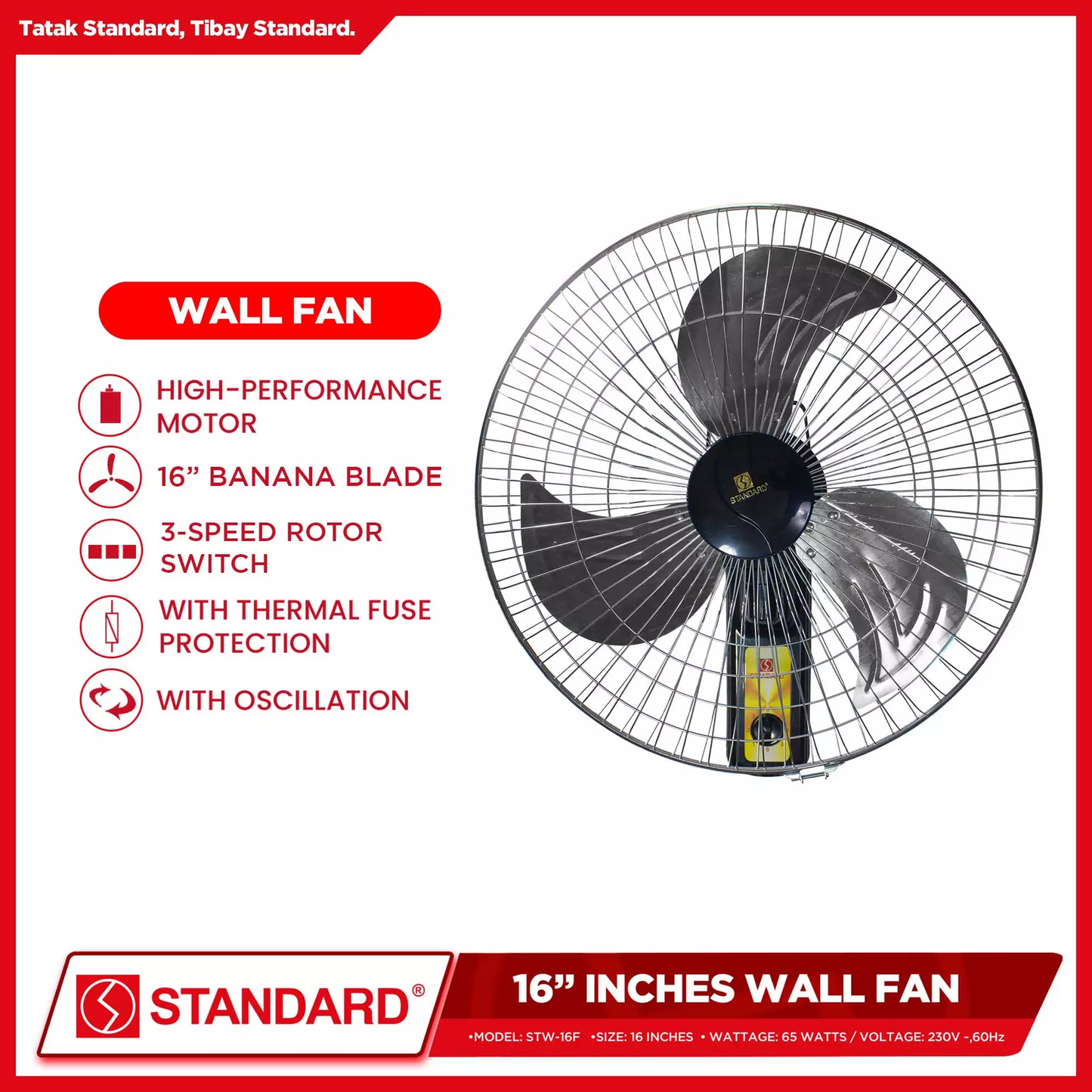 STANDARD Electric Fan 16" (Wall Fan  Metal Blade) - STW-16F