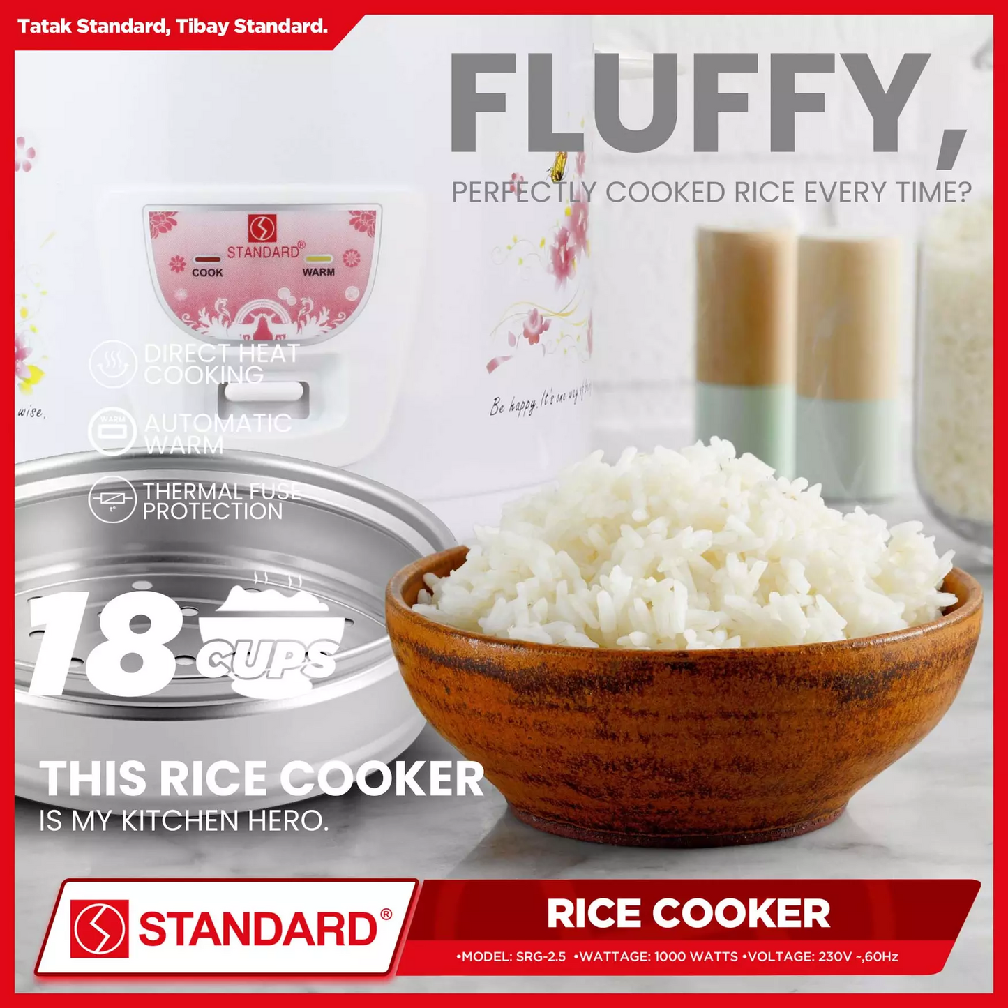 STANDARD Rice Cooker - 2.5 Liters with Steamer - SRG-2.5
