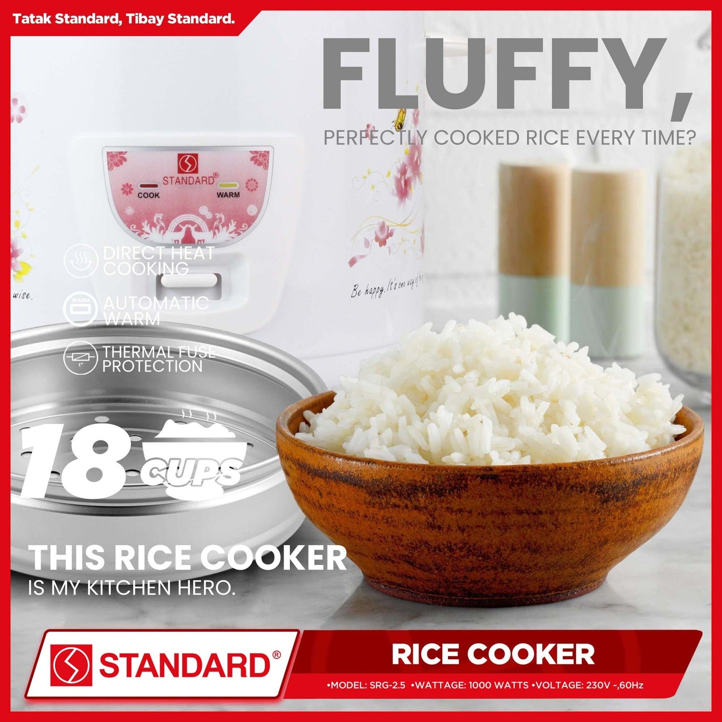 STANDARD Rice Cooker - 2.5 Liters with Steamer - SRG-2.5