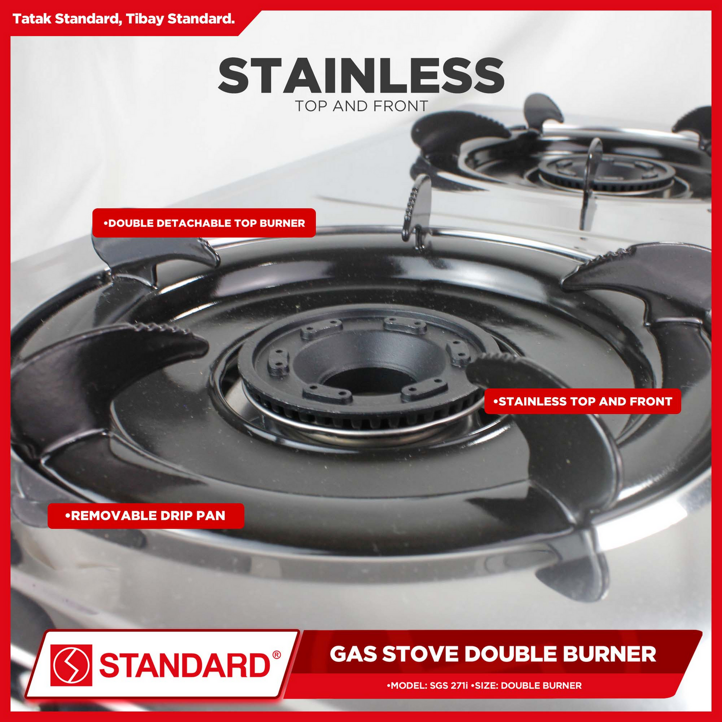 STANDARD Gas Stove Double Burner LPG (Stainless Steel Slim Type) - BURNER ONLY - SGS 271i