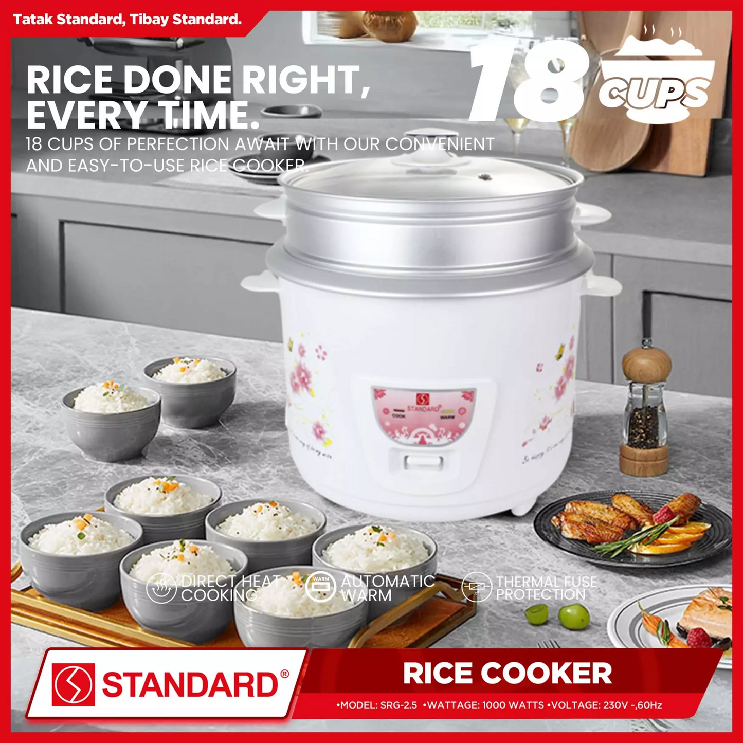 STANDARD Rice Cooker - 2.5 Liters with Steamer - SRG-2.5