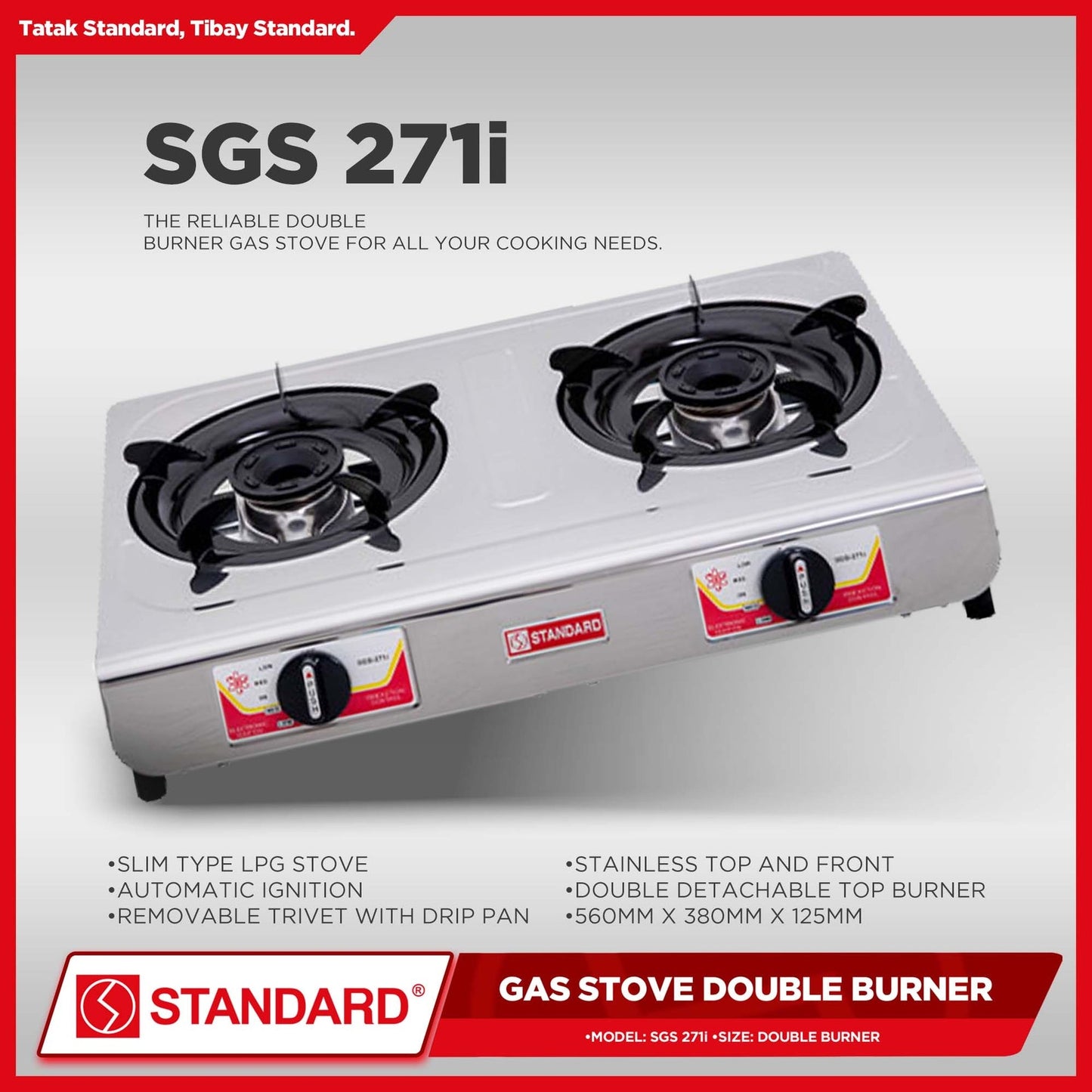 STANDARD Gas Stove Double Burner LPG (Stainless Steel Slim Type) - BURNER ONLY - SGS 271i