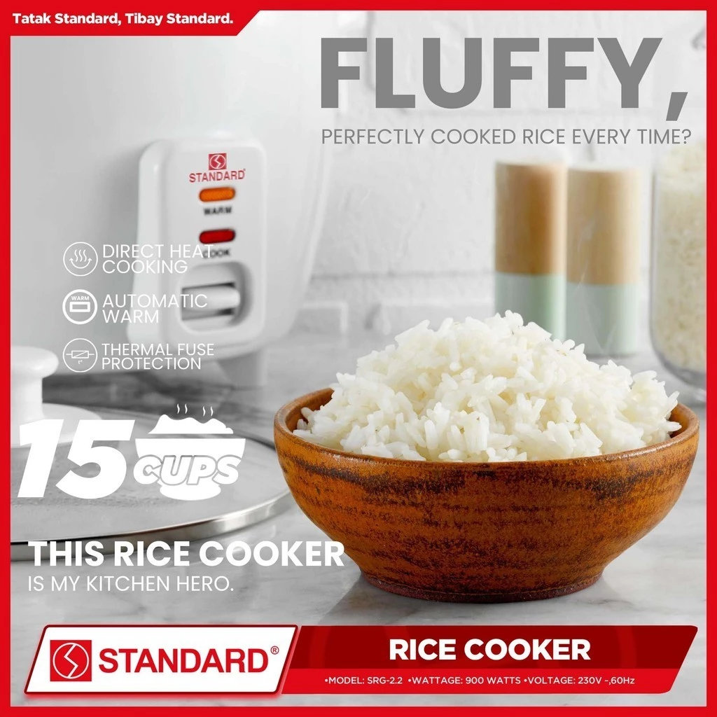 STANDARD Rice Cooker  (2.2L/15 Cups) - PLAIN WHITE - SRG-2.2