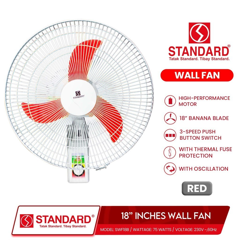 STANDARD Electric Fan 18" (Wall Fan Banana Type Plastic Blade) SWF18B - RED