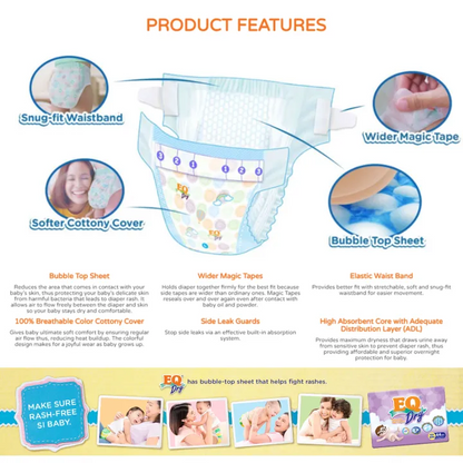 EQ Dry Disposable Baby Diapers [ MEGA PACK 60 PCS Refastenable Tape ] - XLARGE