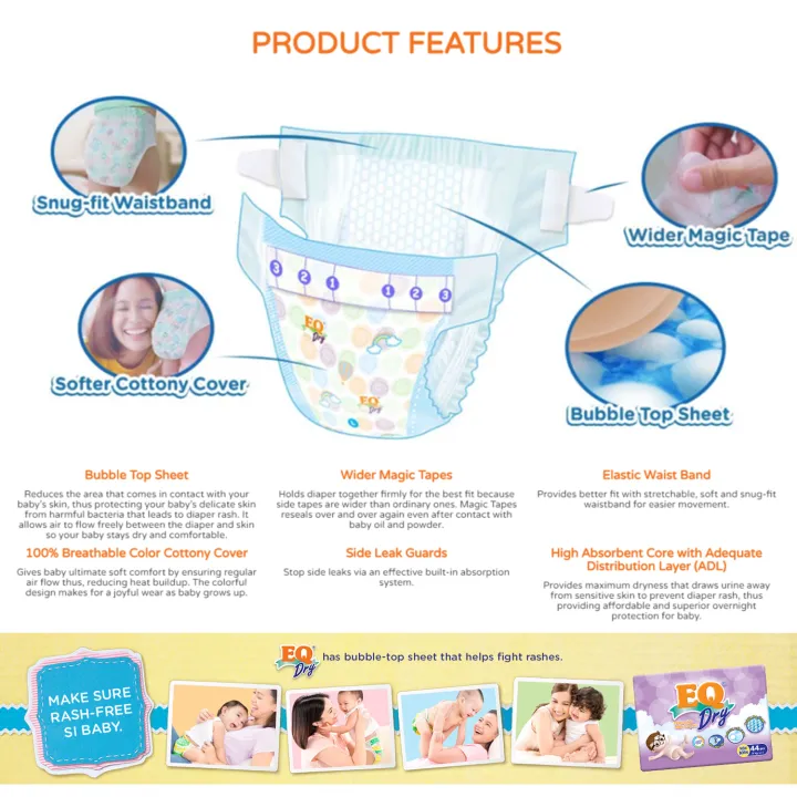 EQ Dry Disposable Baby Diapers [ MEGA PACK 72 PCS ] 9-14 kg - LARGE
