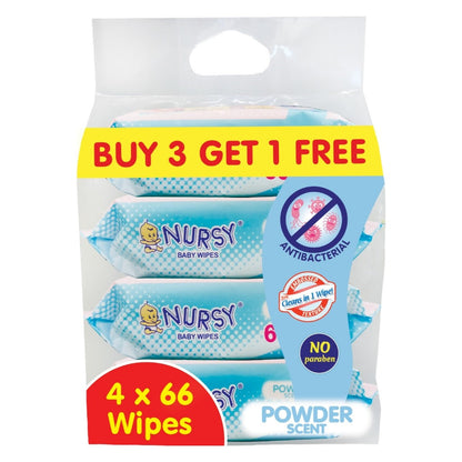 Nursy Baby Wipes in Powder Scent 4 pcs x 66 wipes [BUNDLE OF 2 or 6 ]