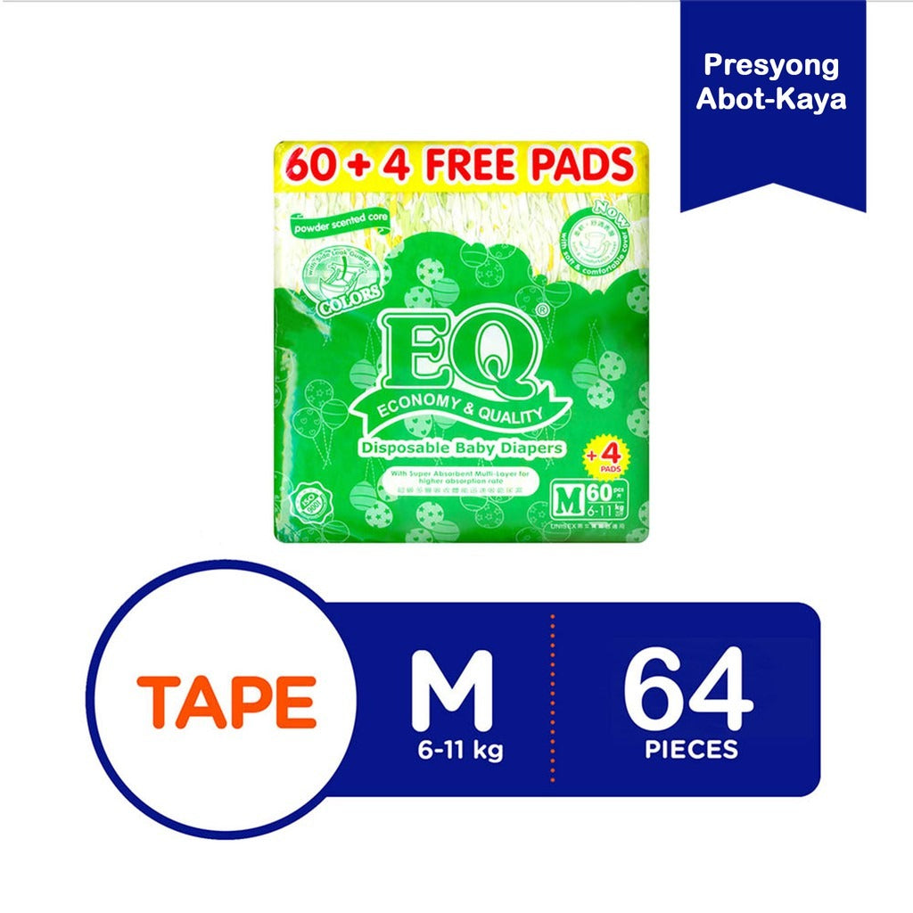 EQ Colors Disposable Baby Diapers [ JUMBO PACK 64 PCS Refastenable Tape]  - MEDIUM